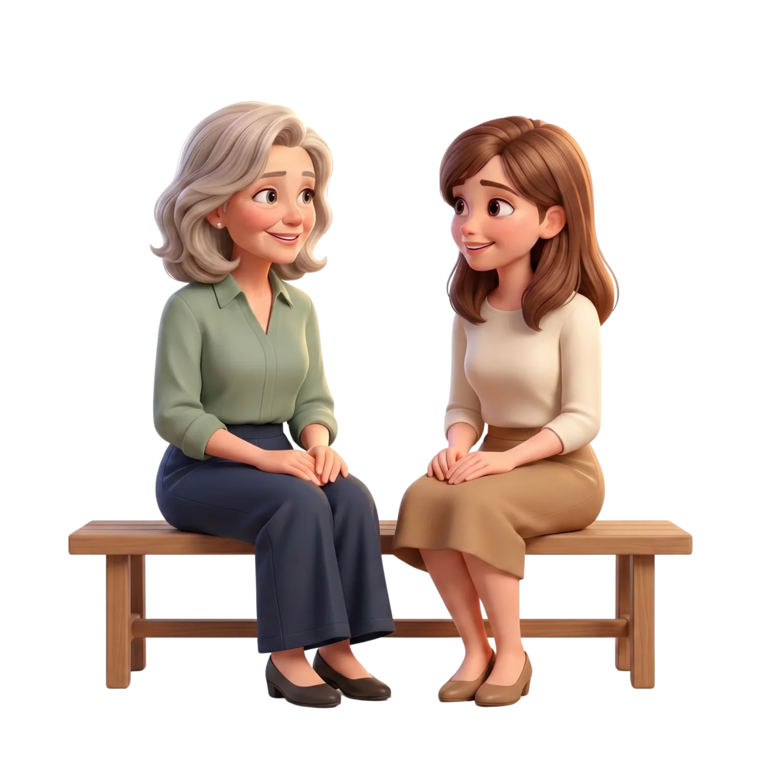 Two women sitting on a bench in warm conversation