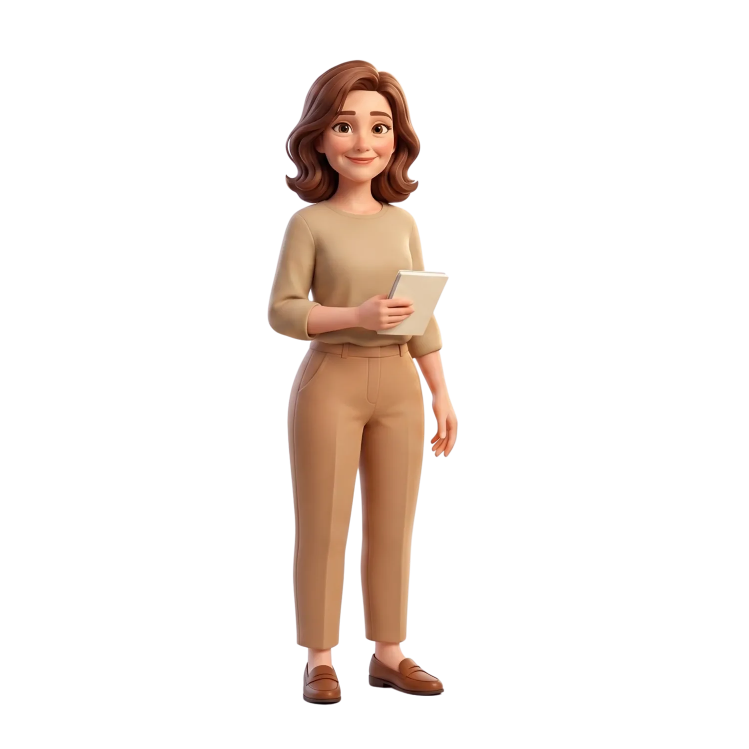 Smiling midwife in warm neutrals holding a small notebook