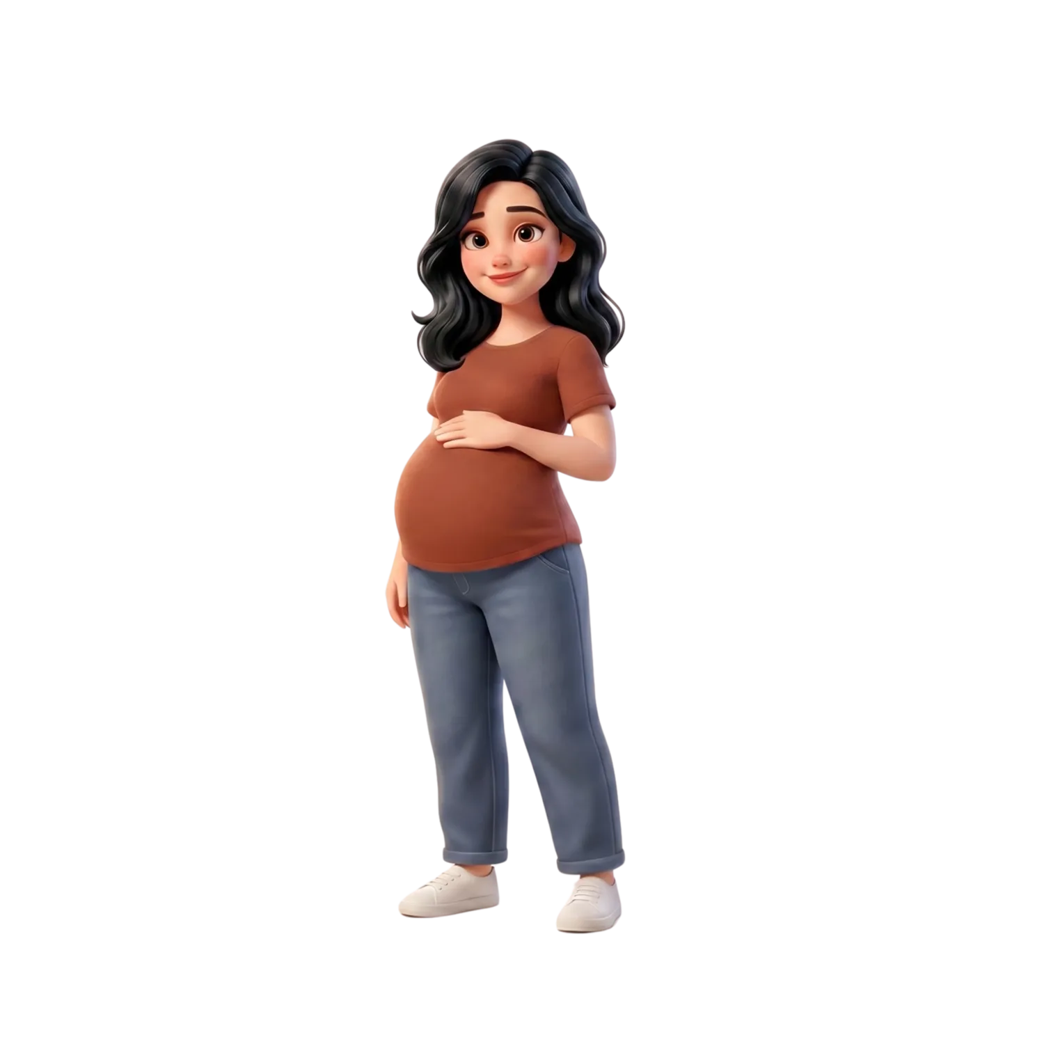 Smiling pregnant woman with a hand resting gently on her belly
